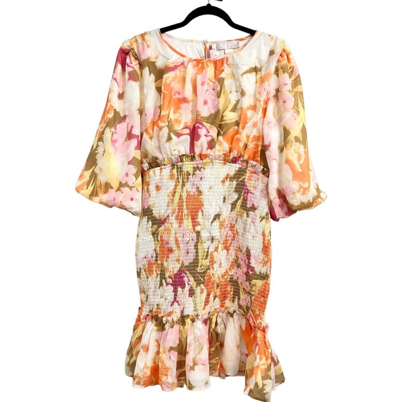 Rachel Parcell Floral Smocked Chiffon Dress Knee Length Modest Dress Size Small - Picture 1 of 15